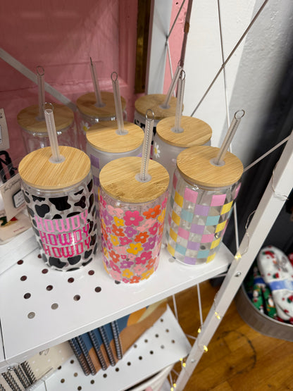 Glass Can Cup with Bamboo Lid